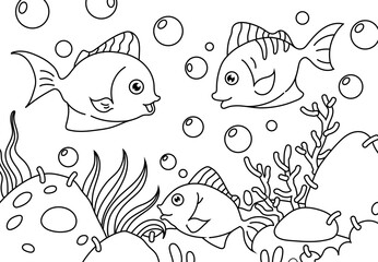 Underwater landscape coloring book for adults. Printable Coloring book Outline black and white.