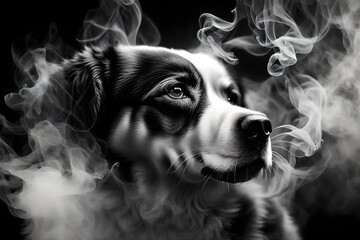 Gros plan d'un chien entouré de fumée en noir et blanc - obrazy, fototapety, plakaty