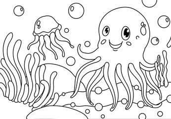 Underwater landscape coloring book for adults with cute octopus. Printable Coloring book Outline black and white.