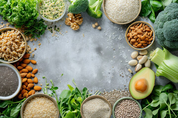 Obraz na płótnie Canvas Assortment of grains, nuts, seeds, and vegetables in bowls on gray background for healthy eating concept