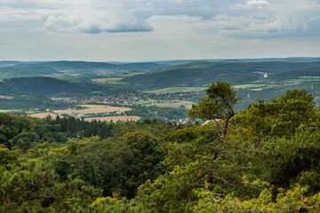 Fototapeta na wymiar Aerial view of Berounka river valley with Karlstejn castle in the background, Czech Republic