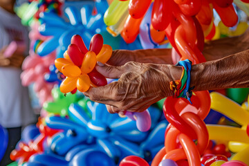 a street performer's hands manipulating colorful balloons into intricate shapes and sculptures