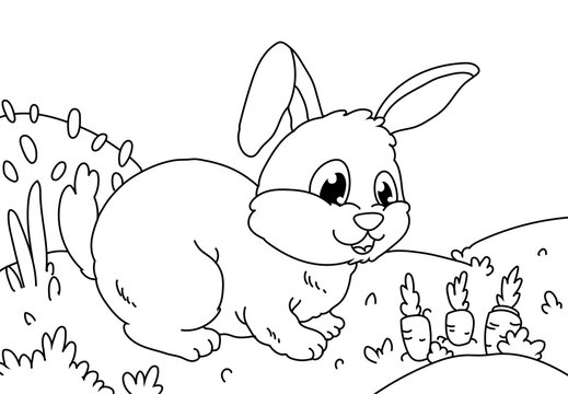 Coloring Page Outline Of cartoon cute bunny or rabbit with carrot. Animals. Printable Coloring Book for kids.
