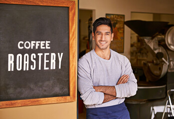Barista, coffee shop and happy man with arms crossed in portrait for small business, confident...