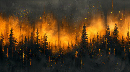 a painting of a fire in the middle of a forest. Expressive Amber color oil painting background. black and orange abstract oil painting.