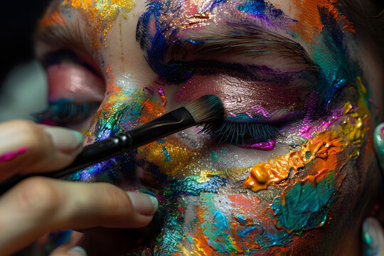 a makeup artist's hands delicately applying colorful pigments and textures onto a canvas