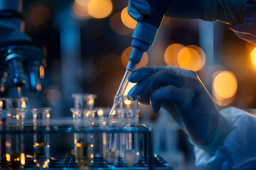 a researcher's hands conducting experiments in a laboratory, pipetting liquids and recording data with precision and focus - obrazy, fototapety, plakaty