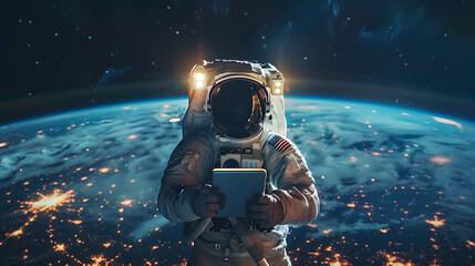 An astronaut in space is holding a tablet.