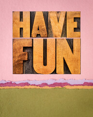 have fun word abstract - text in vintage letterpress wood type blocks on art paper poster