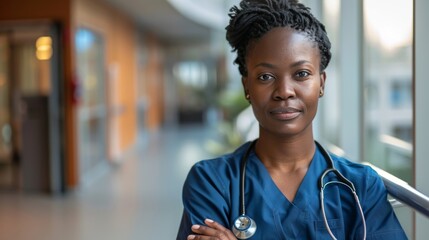 A realistic portrait of a woman doctor in a hospital wearing a stethoscope and uniform in a professional environment - obrazy, fototapety, plakaty