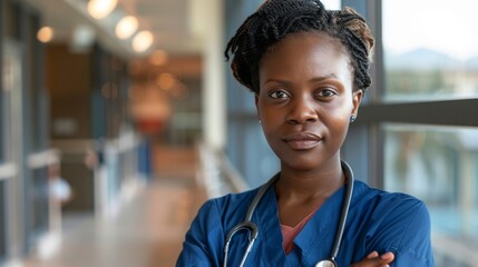 A realistic portrait of a woman doctor in a hospital wearing a stethoscope and uniform in a professional environment - obrazy, fototapety, plakaty