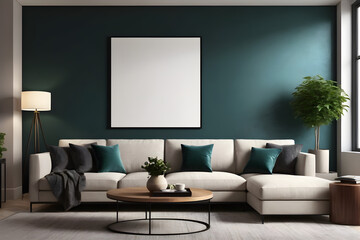 Living room mockup poster seamlessly integrated into modern décor, positioned above sleek furnishings.
Generative AI.