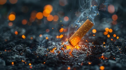 A dramatic close - up of a cigarette burning with glowing embers, evoking a sense of danger and urgency in raising awareness - obrazy, fototapety, plakaty