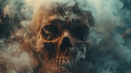 A frightening portrayal of a skull engulfed in smoke, serving as a stark reminder of the deadly consequences of tobacco use - obrazy, fototapety, plakaty