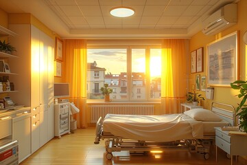 Cuarto de un hospital privado limpio y ordenado con la cama lista a la espera de pacientes, los rayos del sol filtrandose por la ventana abierta. Salud - obrazy, fototapety, plakaty