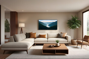 Mid-century modern sectional and minimalist decor poster capturing living room scene.
Generative AI.