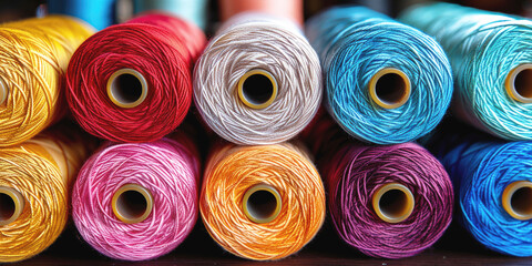 Banner. Colorful cotton threads on tailor textile fabric background with various spools of thread.