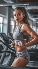 Fototapeta na wymiar woman runs on a treadmill in a gym