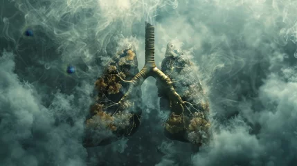 Fotobehang A haunting depiction of diseased lungs surrounded by thick smoke, emphasizing the frightening impact of smoking on respiratory  © Media Srock