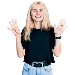 Fototapeta na wymiar Young caucasian woman wearing casual clothes showing and pointing up with fingers number nine while smiling confident and happy.