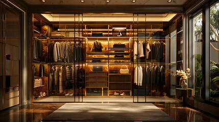  walk-in closet with a wooden ceiling and floor. The closet is filled with various clothes and bags, some of which are on the shelves and others are hanging on racks. 