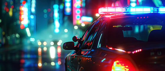 Close-up of police car lights at night. Colorful city lights in soft focus background. Shallow depth of field