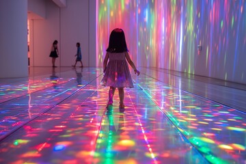 A young girl stands before a vibrant wall, her curiosity piqued by the array of colors surrounding her.