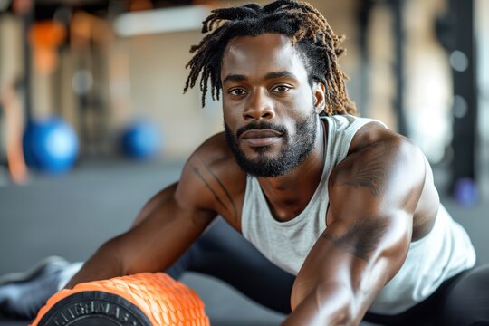 A black male athlete with dreadlocks squatting on a gym floor during a stretching session.