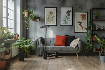 A stylish living room filled with numerous potted plants, creating a lush and vibrant atmosphere.