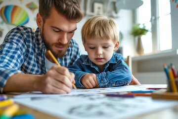 Fototapeta premium A man and a young boy are crafting together, creating projects at home.