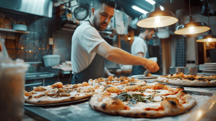 A talented man passionately preparing pizzas in a bustling restaurant kitchen to serve hungry customers.