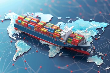 Miniature of a cargo ship with containers crossing the whole world, global import export trade concept