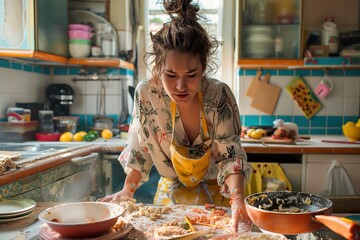 A woman in a messy kitchen, wearing pajamas, preparing food on a counter. - obrazy, fototapety, plakaty
