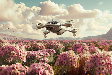 A futuristic farm with autonomous drones pollinating flowers to ensure bountiful harvests.