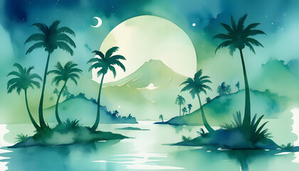 Fototapeta na wymiar Illustration of a tropical island with palm trees and a full moon. Generative AI