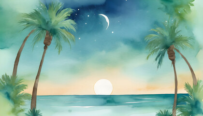 Fototapeta na wymiar Palm trees on the seashore in the evening. Generative AI