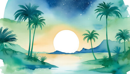 Fototapeta na wymiar Palm tree summer background. Watercolor painting. Generative AI