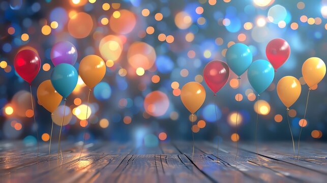 Blank tabletop against a backdrop of bokeh lights and colorful balloons party background