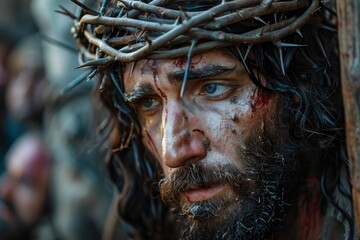 Jesus on the Via Dolorosa in Jerusalem: A Captivating Depiction of the Passion of Christ During Holy Week, Reflecting Deep Religious and Historical Significance generative ai