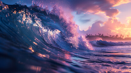 a wave in the ocean with a pink and blue color scheme. The wave is curling and has a white center. The wave appears to be made of glass.  - obrazy, fototapety, plakaty