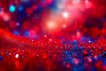 Red and blue glitter on bokeh background, shiny and sparkling texture, banner