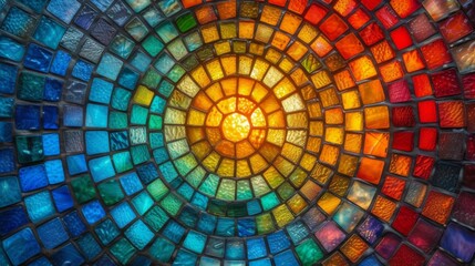 Abstract mosaic artwork depicting a stylized sunset with wavy patterns in warm and cool tones, resonating with energy and movement.