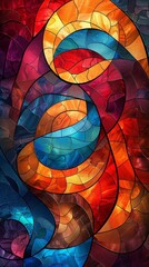 Fototapeta premium A radiant, fan-shaped stained glass pattern features a vibrant spectrum of colors, evoking a feeling of warmth and artistic beauty.