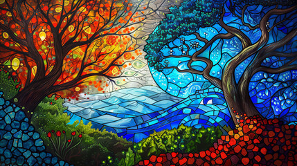 Artistic representation of a forest landscape at sunset, depicted in a colorful stained glass style with intricate details.