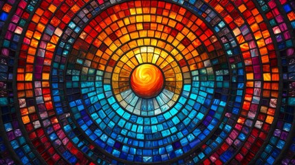 Abstract mosaic artwork depicting a stylized sunset with wavy patterns in warm and cool tones, resonating with energy and movement.