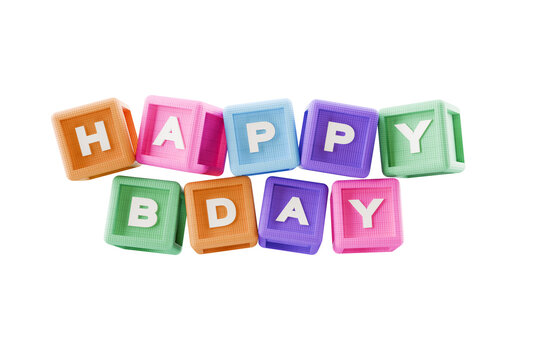 happy bday in colourful building block cubes on transparent background