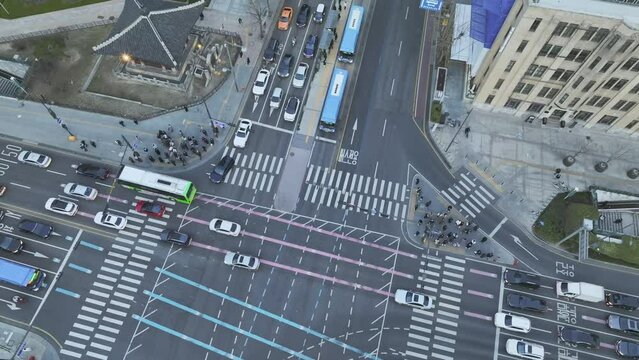 Drone View of Seoul city in South Korea, Jongno, Gyeongbokgung Palace, Winter