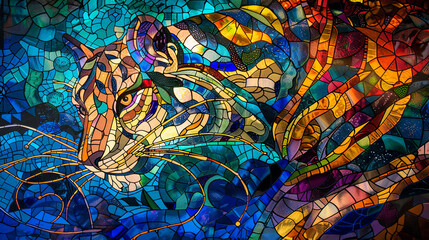 An elaborate mosaic-style illustration portrays a Tiger in vibrant, multicolored patterns, against a detailed background.
