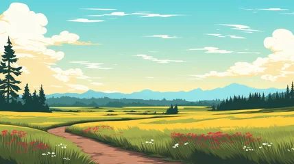 Zelfklevend Fotobehang A mountain with road and blue sky. mountain Landscape with Blue Sky. landscape with mountains with blue sky clouds wallpaper. Cartoon illustration of a road in a field with mountain and clouds. © jokerhitam289