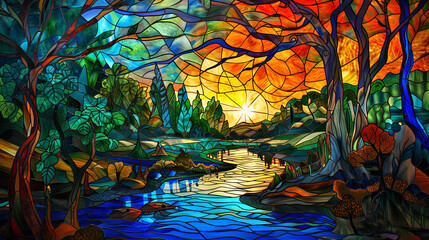 Artistic representation of a forest landscape at sunset, depicted in a colorful stained glass style with intricate details.
